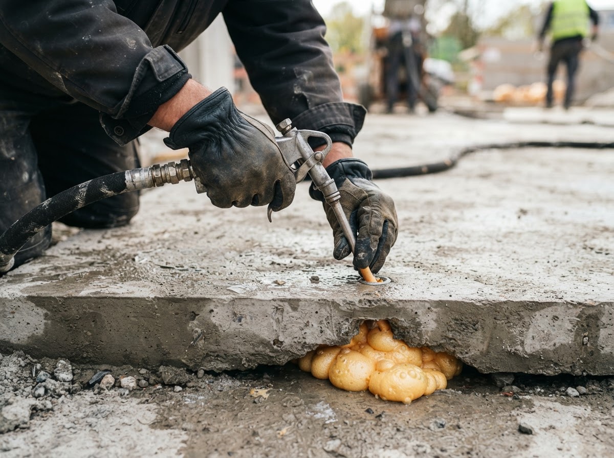 Close-up of a worker's gloved hands operating a polyurethane foam injection gun attached to a hose