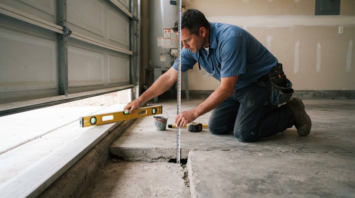 Concrete leveling crew with professional injection equipment preparing to lift a settled residential slab in an Arizona setting