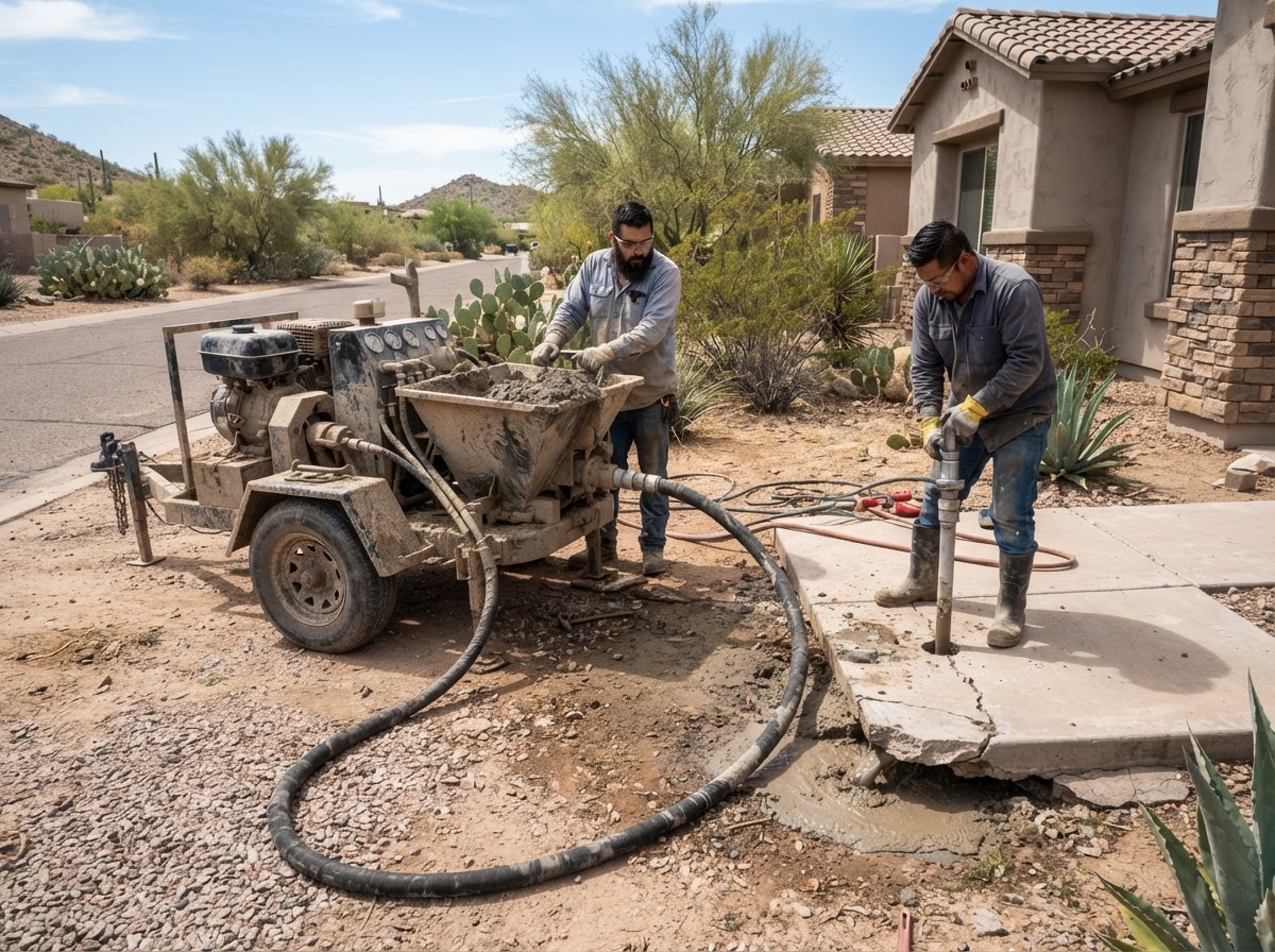 Professional mudjacking equipment with a pump and slurry hose positioned at a settled concrete slab in Arizona