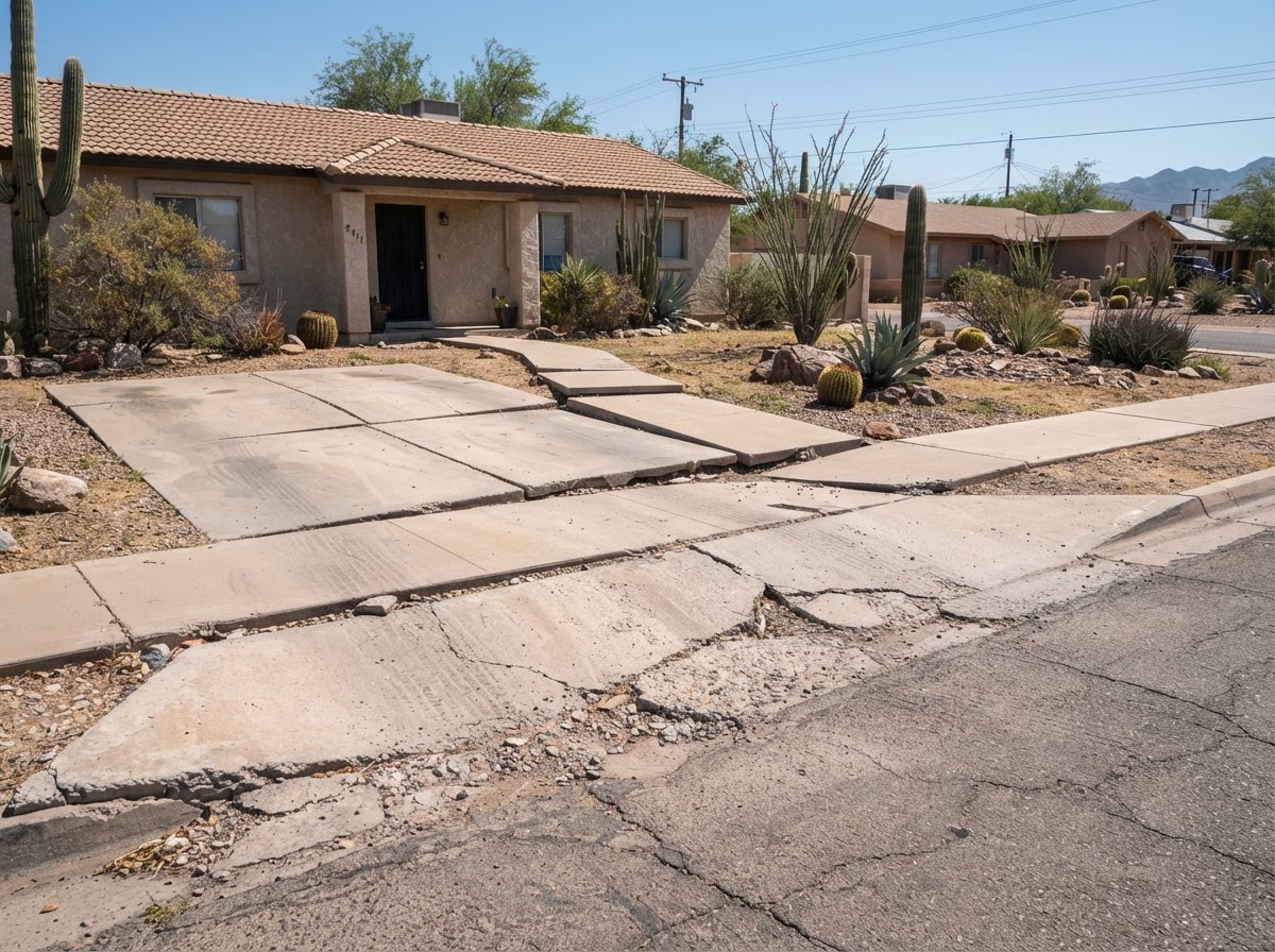 Settled residential concrete driveway and walkway in an Arizona neighborhood showing uneven panels and elevation differences
