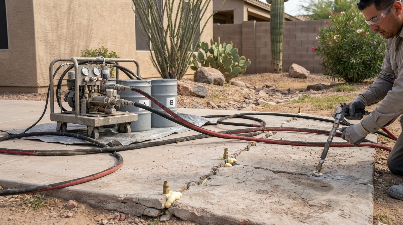 Professional concrete lifting equipment with injection setup beside a settled residential concrete slab in an East Valley Arizona setting