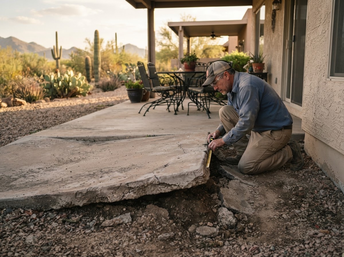Settled backyard concrete patio slab in an Arizona home showing a sunken uneven section