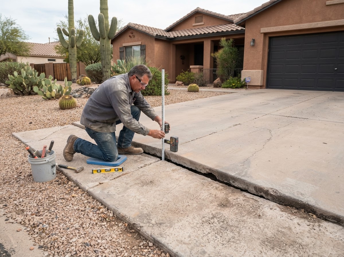 Sunken concrete driveway slab in an Arizona front yard with one panel settled below an adjacent panel