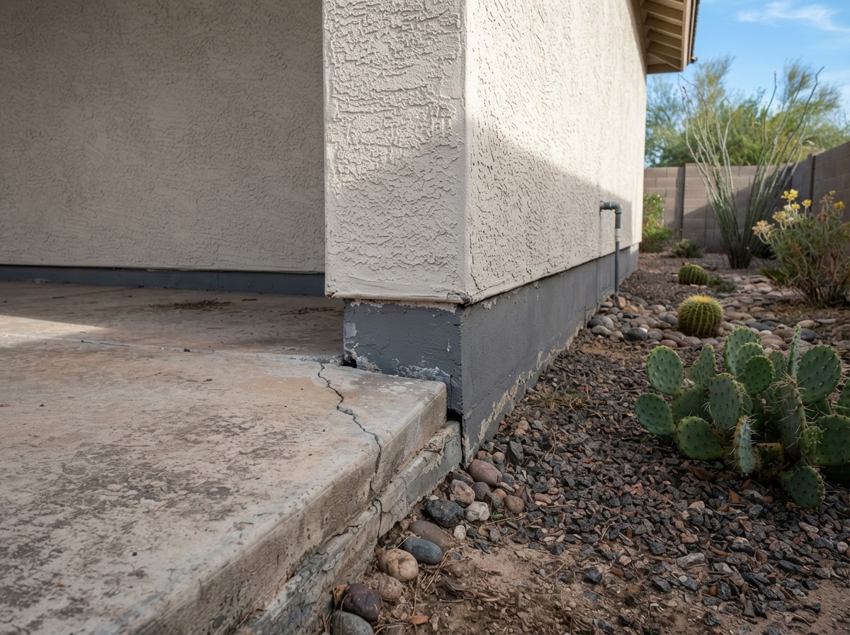 Concrete patio slab transition near a Scottsdale home showing settlement where the patio meets the house foundation, with desert landscaping edge
