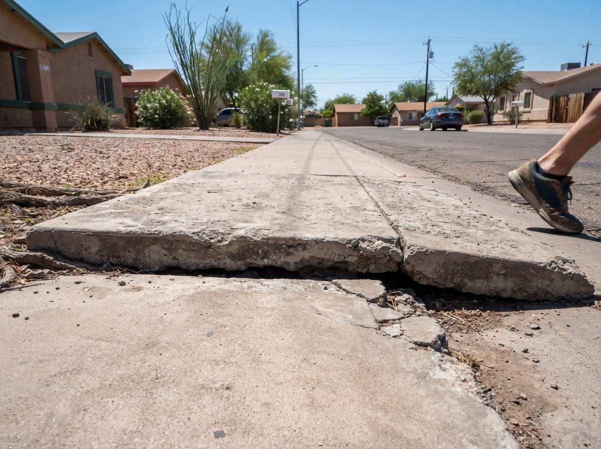Uneven concrete walkway panels in a compact Guadalupe, Arizona residential area showing elevation difference and a trip transition at the joint