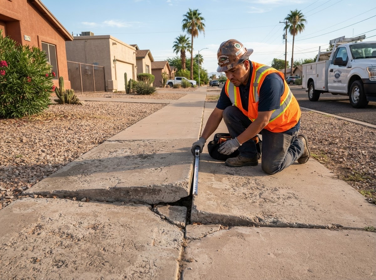 Uneven concrete walkway panels in a compact Guadalupe, Arizona residential area showing elevation difference and a trip transition at the joint