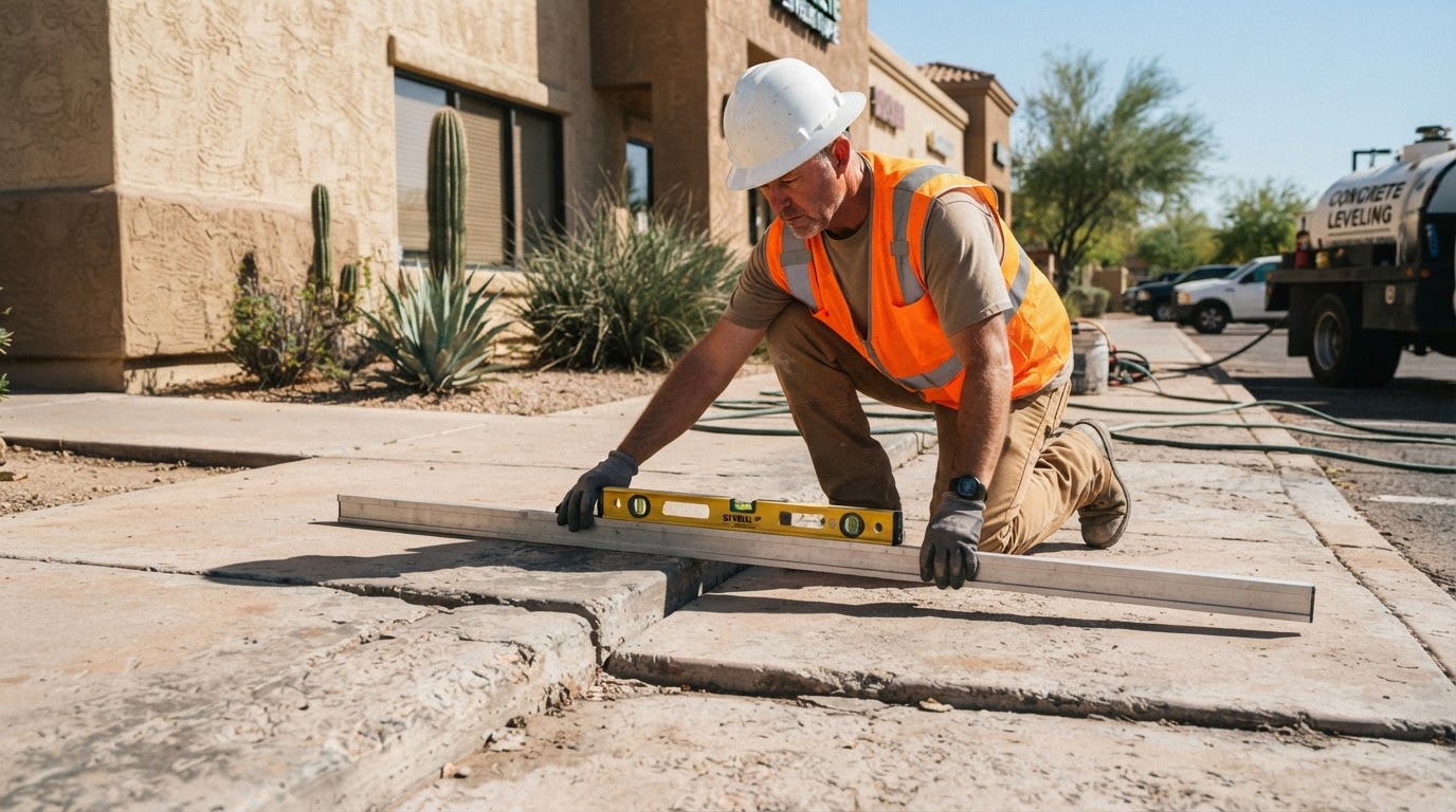 Professional concrete lifting equipment set up beside a commercial walkway slab, preparing to lift the settled section through small injection points in an Arizona setting