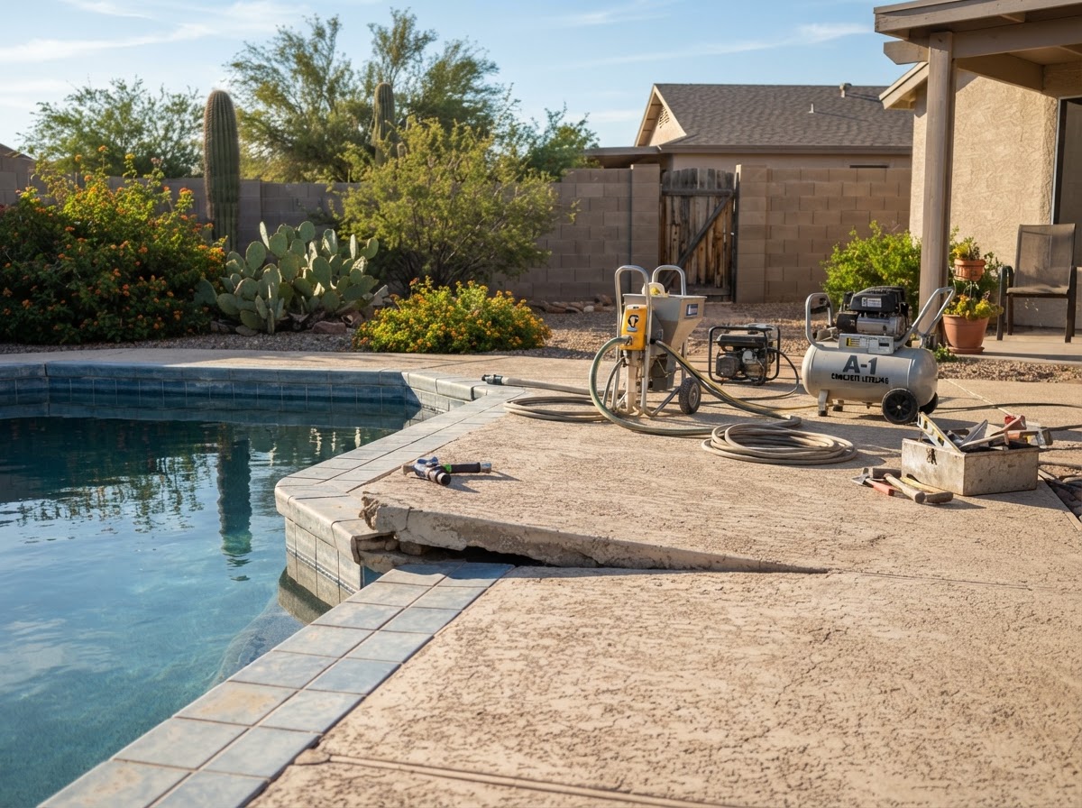 Settled concrete pool deck slab in a Guadalupe, Arizona area residential backyard showing uneven walking-surface transitions near pool coping, concrete leveling equipment nearby
