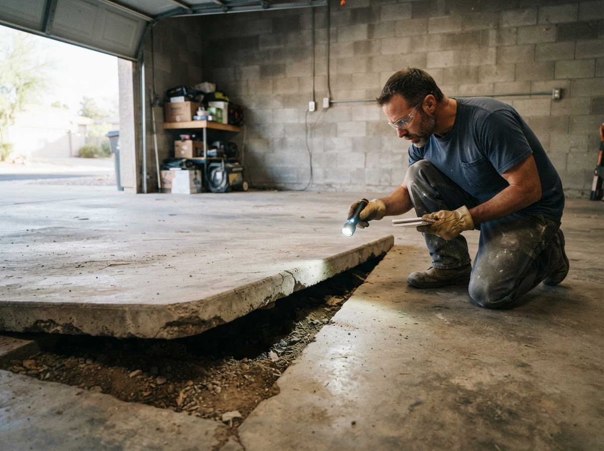 Settled concrete garage floor slab near a garage door opening with a visible void beneath the slab edge