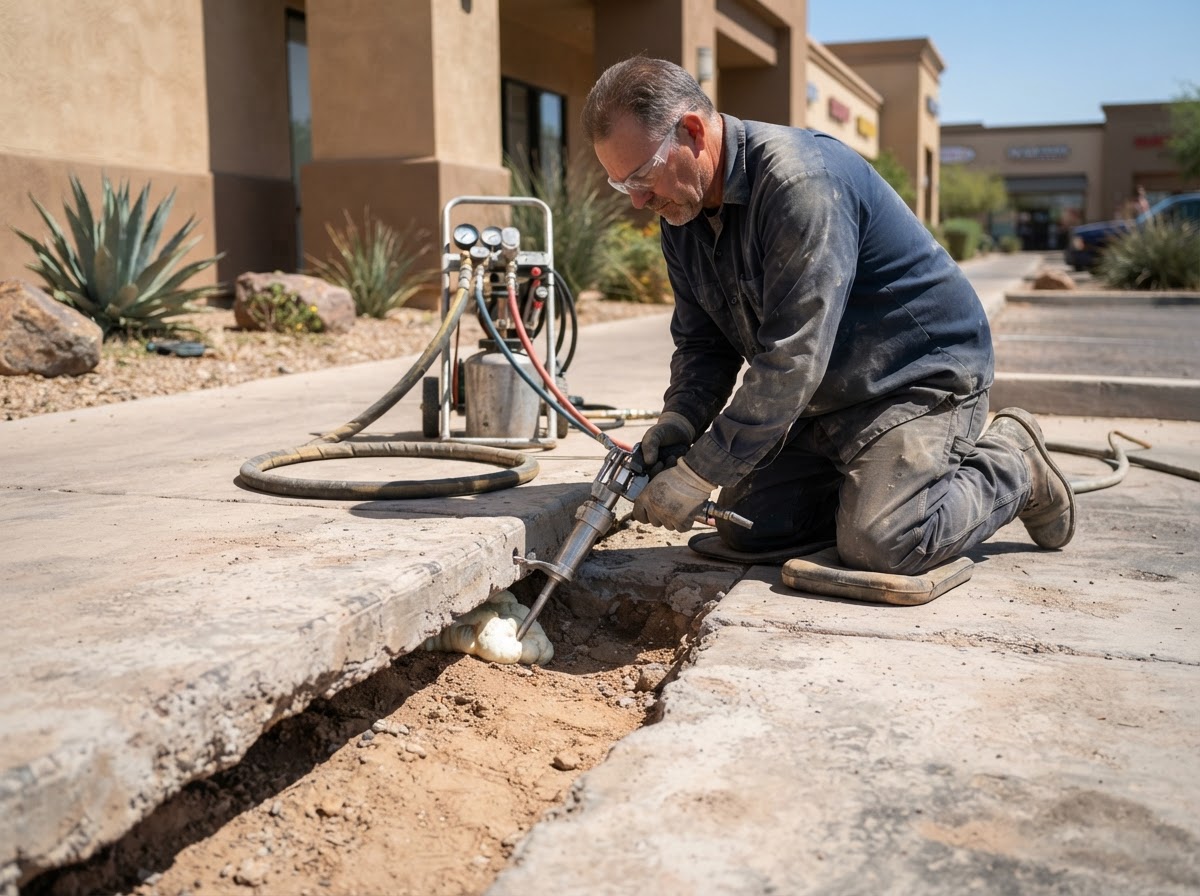 Worker injecting material beneath a settled commercial concrete slab edge to fill a visible void in Arizona