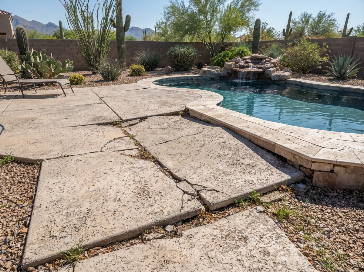 Settled concrete pool deck and patio slab in a Mesa, Arizona backyard showing uneven sections near pool coping with desert landscaping