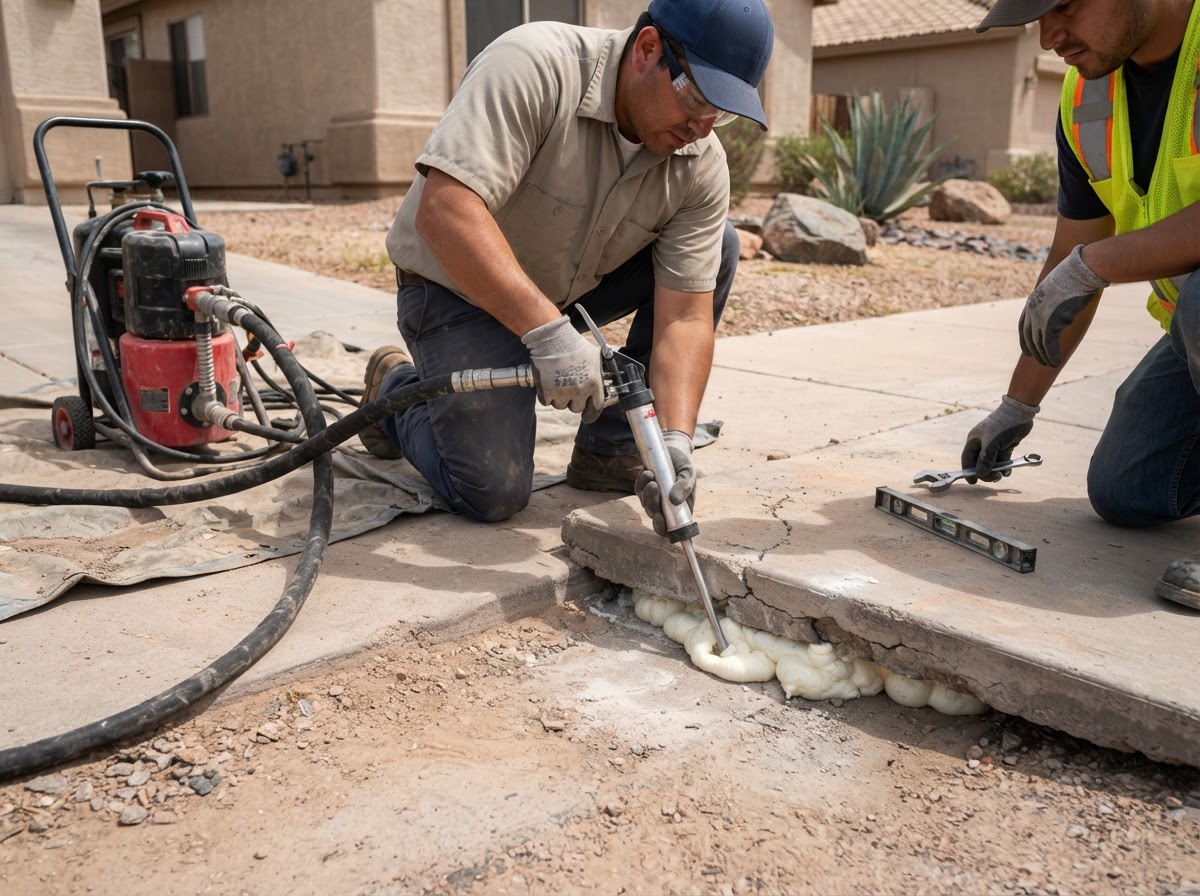 Concrete lifting crew injecting material through a small port beneath a settled residential sidewalk slab in Arizona