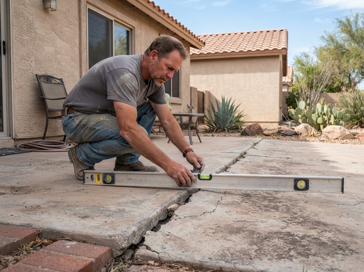 Concrete leveling technician measuring the elevation difference across a settled residential slab in an Arizona setting