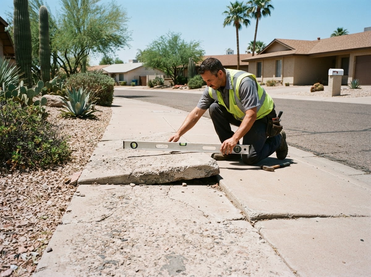 Uneven concrete sidewalk panels in a Tempe neighborhood with one slab raised above a sunken panel