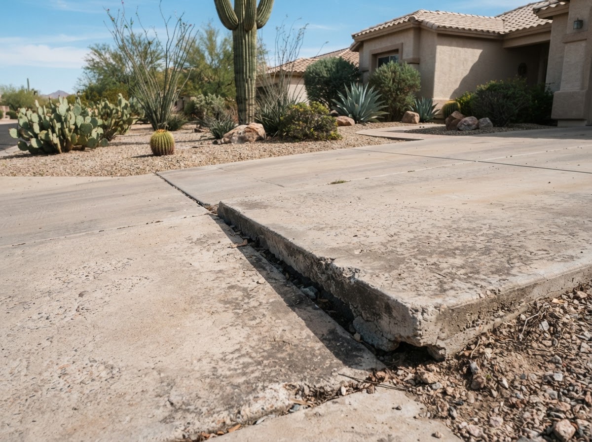 Uneven concrete driveway panels in an Arizona front yard with one slab settled below an adjacent panel creating a lip