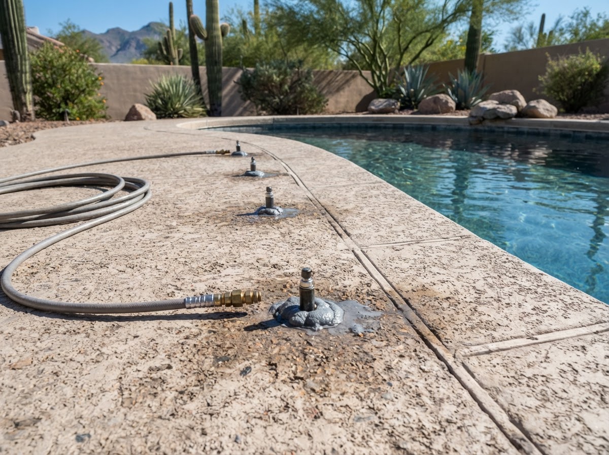 Small injection ports drilled through a concrete pool deck slab for polyurethane lifting near the pool coping in an Arizona backyard