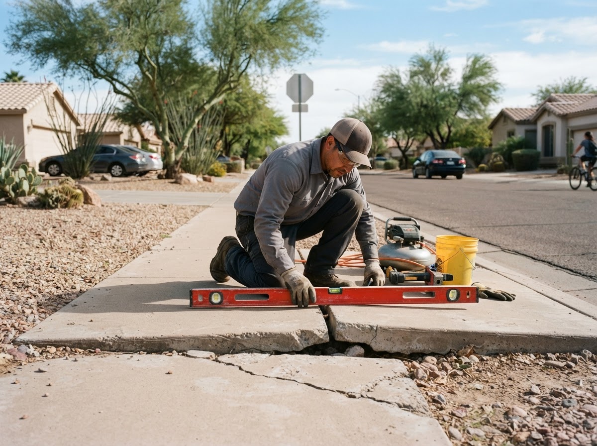 Concrete leveling worker measuring an uneven sidewalk panel transition in a Tempe Arizona neighborhood