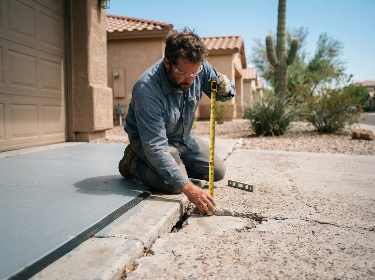 Worker measuring the uneven transition between a settled driveway and a garage floor threshold in an Arizona home