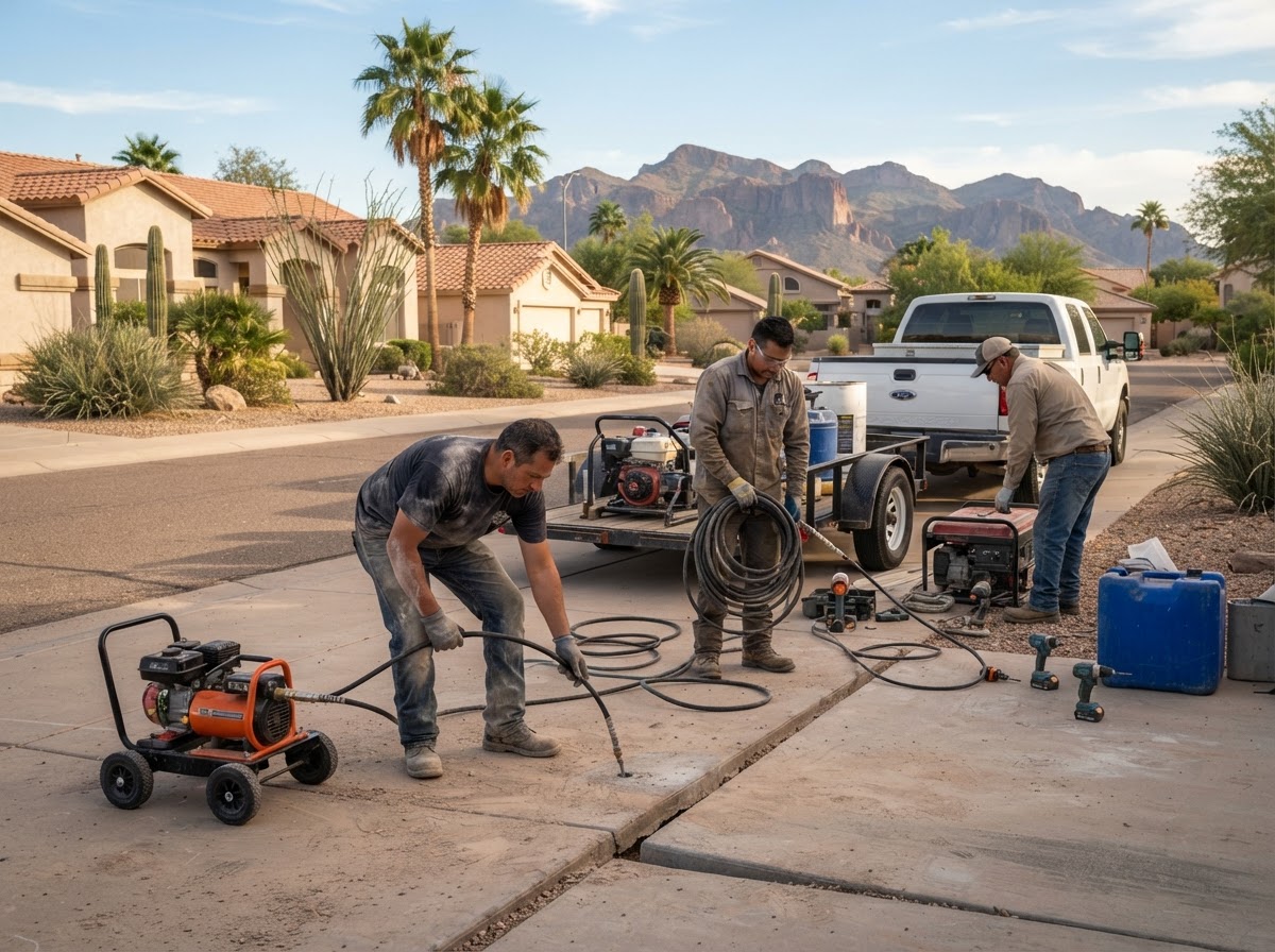 Concrete leveling crew with professional equipment preparing to lift a settled residential driveway slab in an Arizona neighborhood