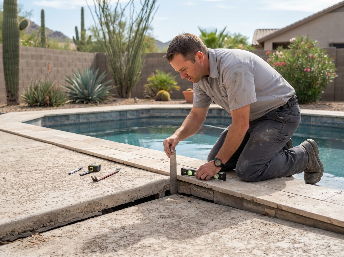 Concrete leveling worker evaluating the transition between a settled pool deck slab and the pool coping in an Arizona backyard