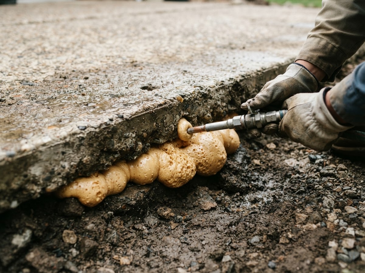 Close-up of expanding polyurethane foam being injected through a small drilled port beneath a settled concrete patio slab