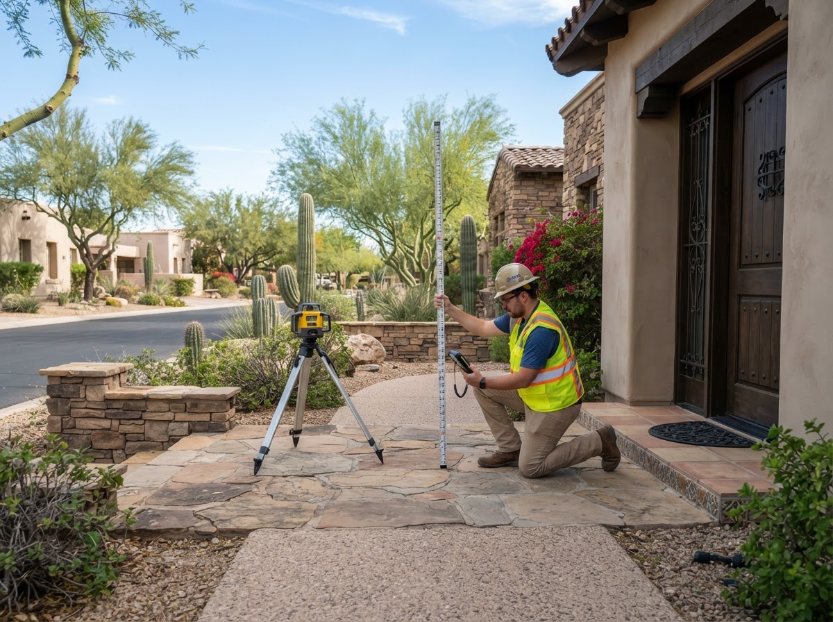Worker measuring elevation difference at a walkway and building entry transition in an established Scottsdale, Arizona neighborhood with mature hardscape