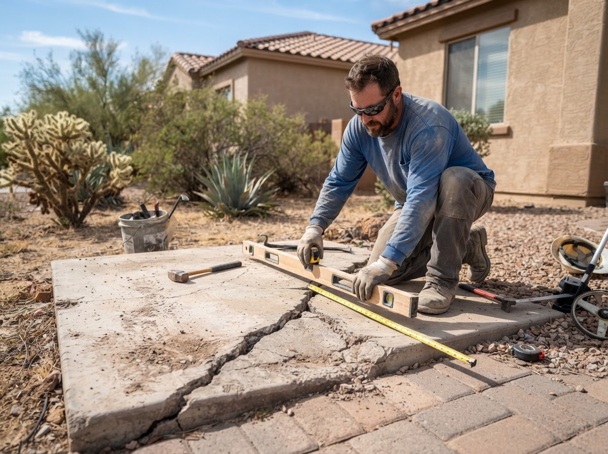 Worker measuring elevation on a settled isolated concrete slab with a spirit level in an Arizona yard