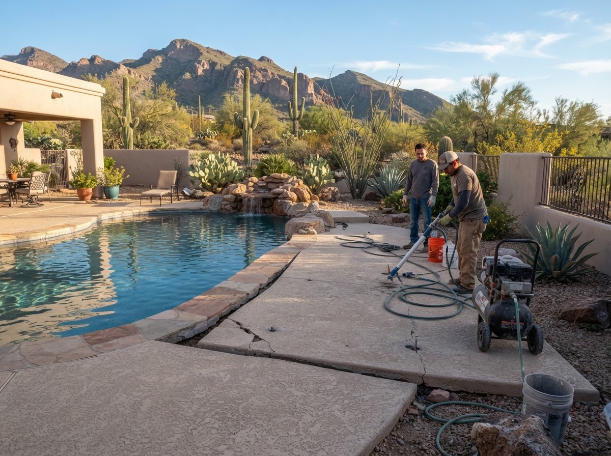 Settled concrete pool deck slab in an Ahwatukee, Arizona backyard with desert landscaping and foothill terrain in the background