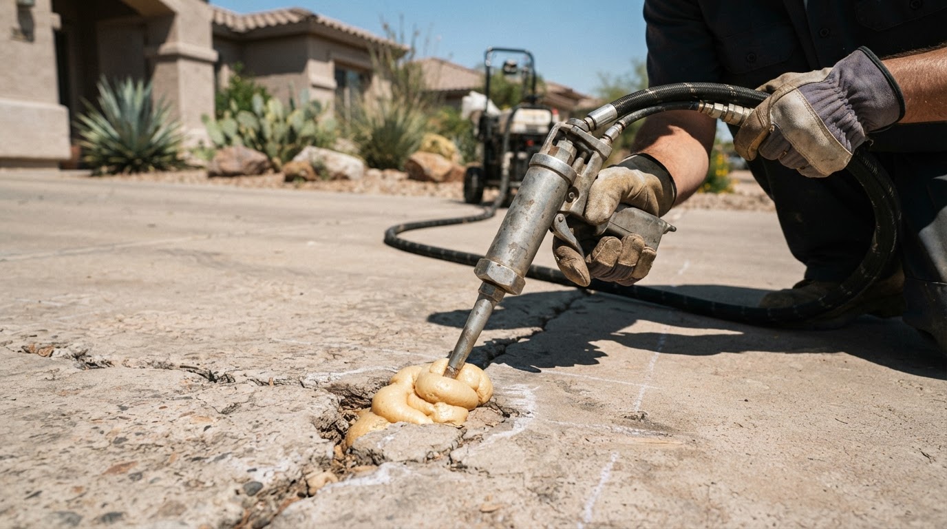 Professional injection equipment set up beside a residential slab, preparing to introduce material beneath the concrete to fill accessible void space in an Arizona setting