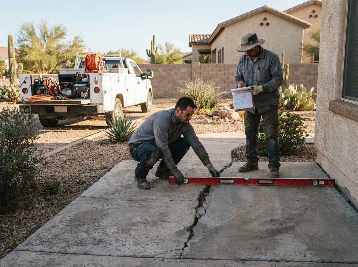 Two concrete leveling workers measuring the elevation of a settled slab with a long level in an Arizona yard