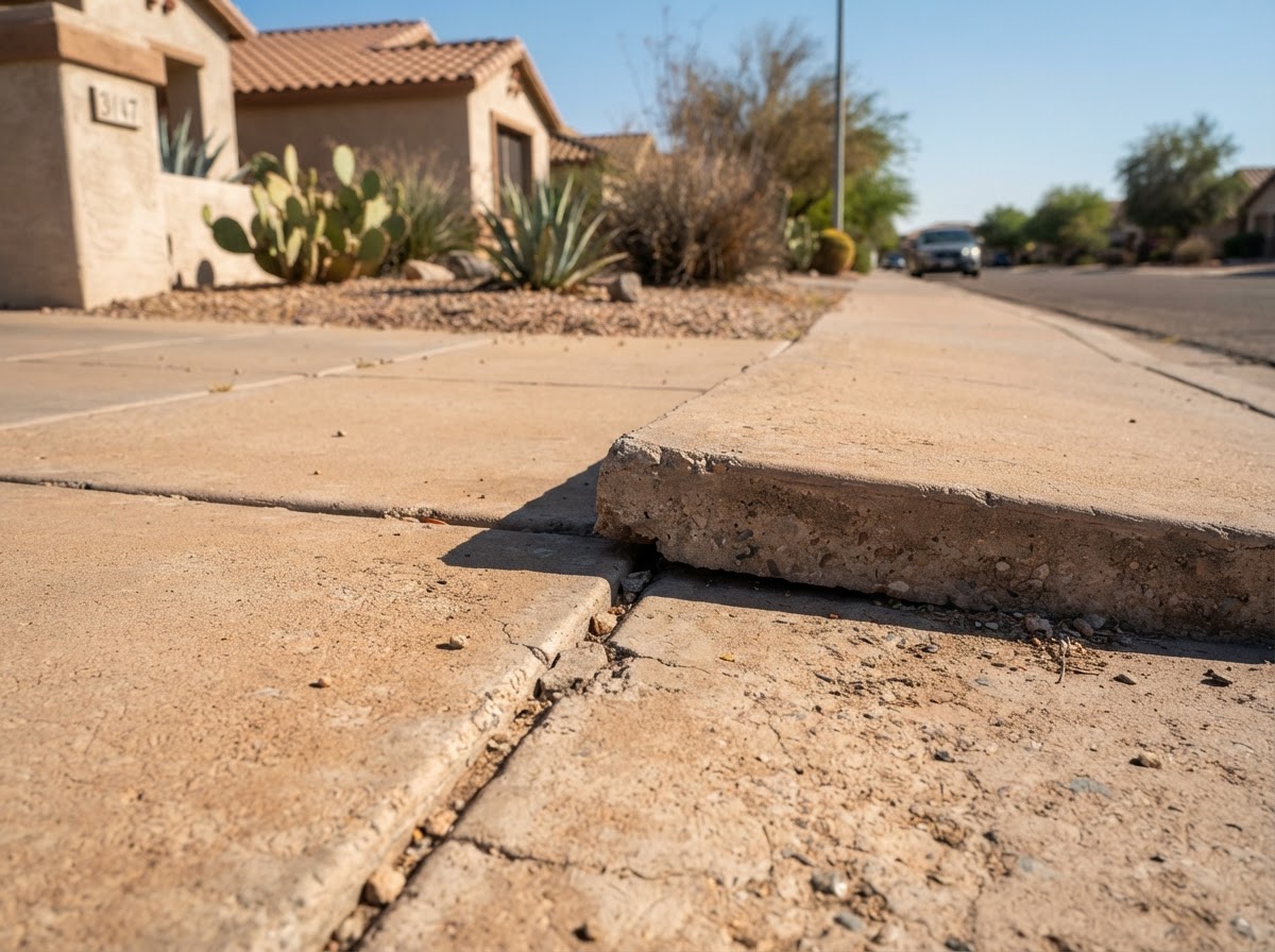 Close-up of a concrete trip hazard where one residential sidewalk panel is raised above an adjacent sunken panel