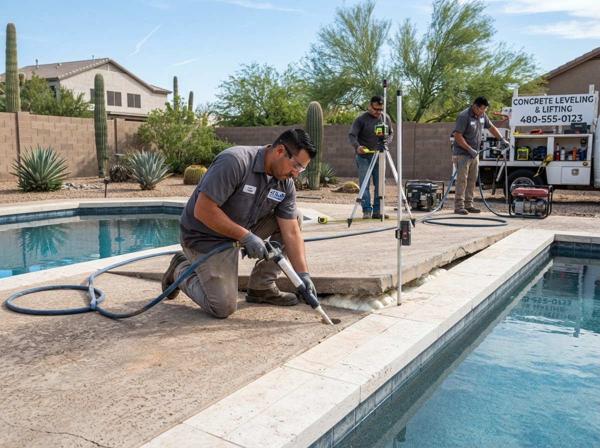Concrete leveling crew performing professional lifting on a settled pool deck slab in a Mesa, Arizona backyard, working carefully around pool coping