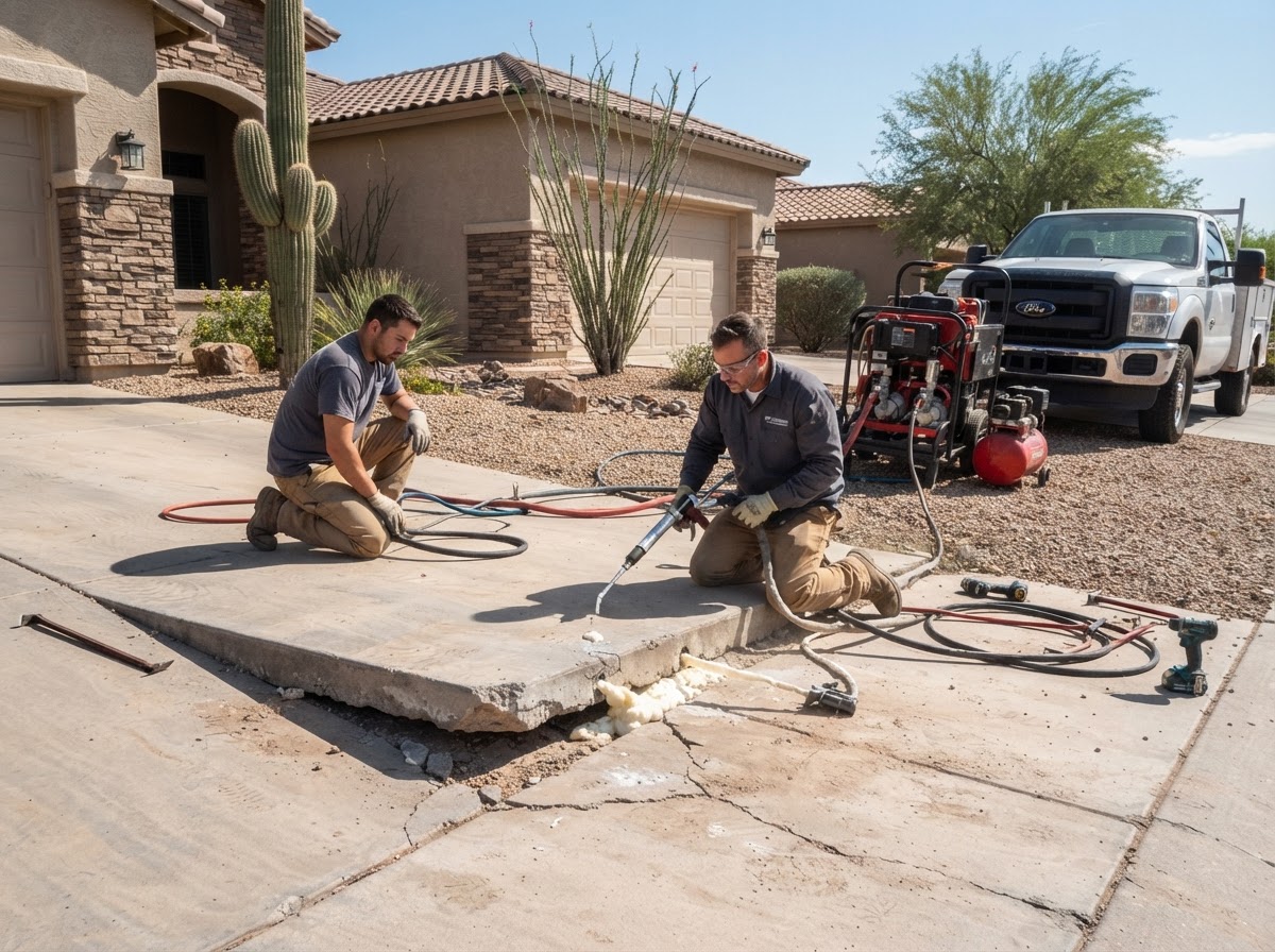 Crew lifting a settled driveway slab using injection equipment in an Arizona residential driveway