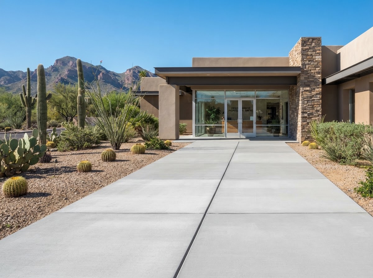 Finished level commercial building entrance and approach slab in Arizona with smooth even transitions