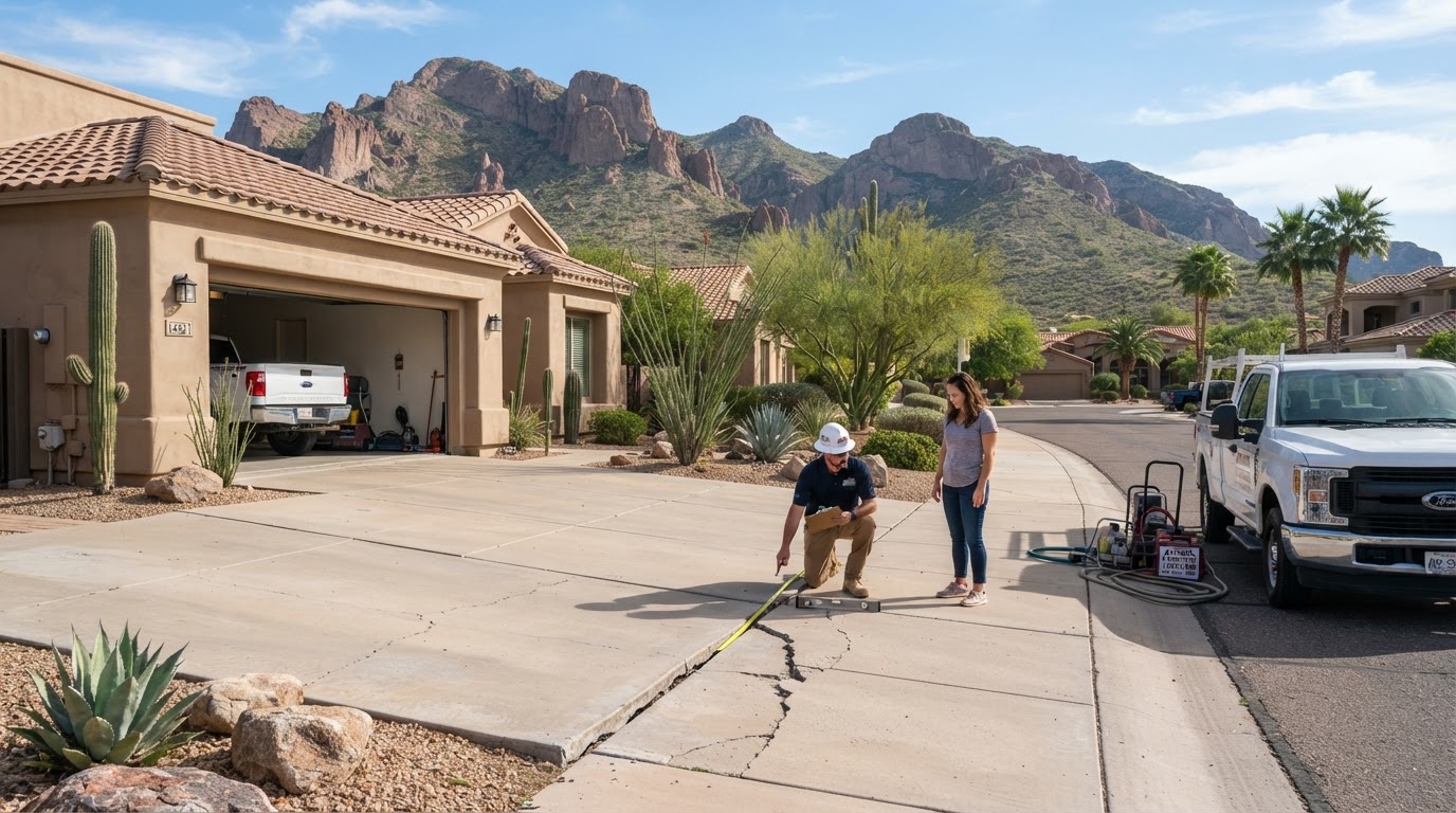 Concrete leveling contractor evaluating a settled driveway slab at a master-planned Ahwatukee Foothills home in Phoenix, Arizona, with South Mountain desert backdrop visible