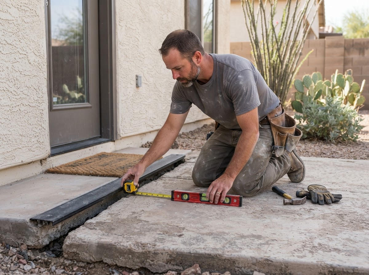 Concrete leveling worker measuring the elevation of a settled patio slab near a home doorway in an Arizona backyard
