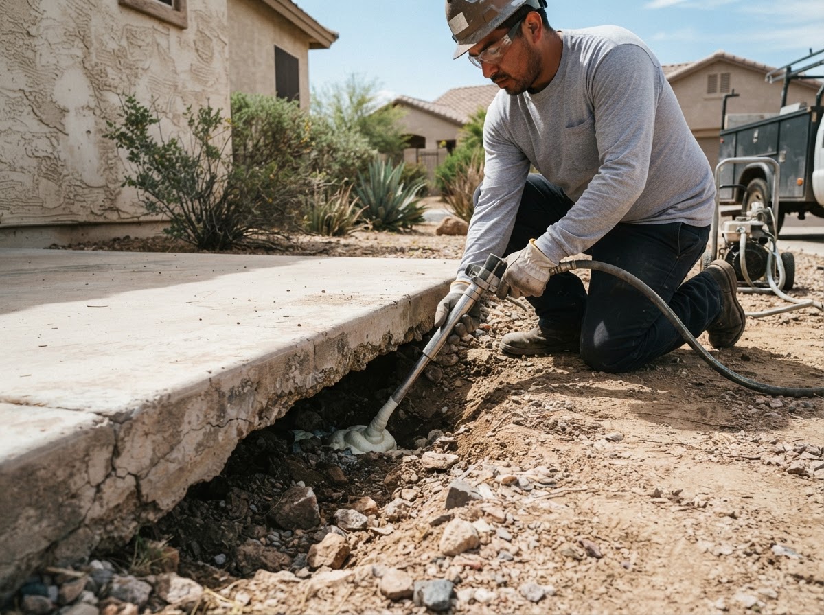 Worker injecting material beneath a settled concrete slab edge to fill a visible void in an Arizona yard