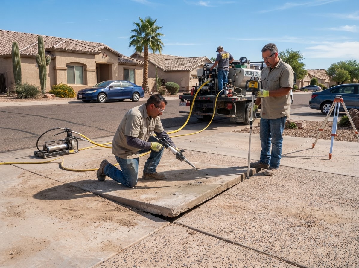 Concrete leveling crew performing professional slab lifting on a settled residential driveway panel in Mesa, Arizona using injection equipment