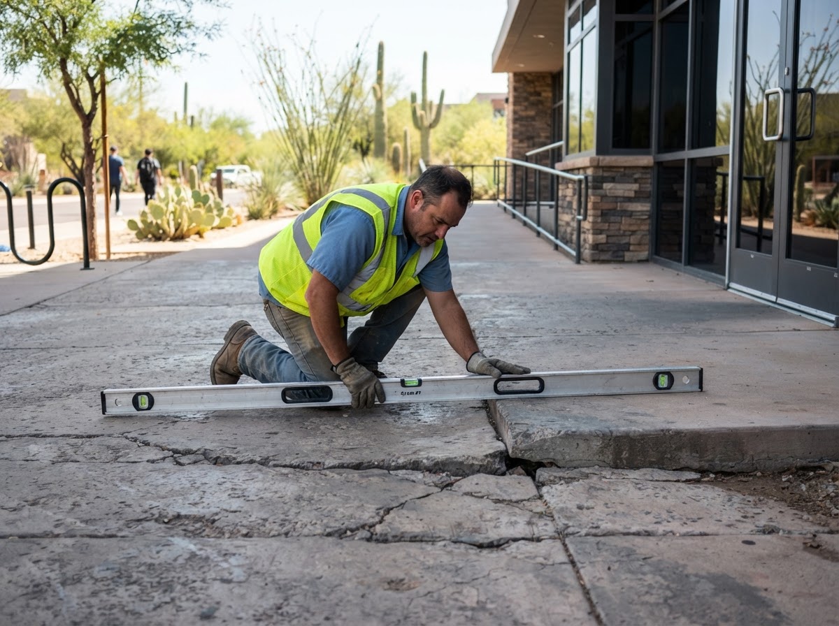 Worker measuring the elevation difference on a commercial pedestrian concrete route in Arizona