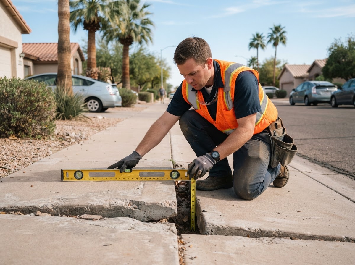 Worker measuring the elevation difference between two uneven concrete walkway panels with a level in a Tempe Arizona neighborhood