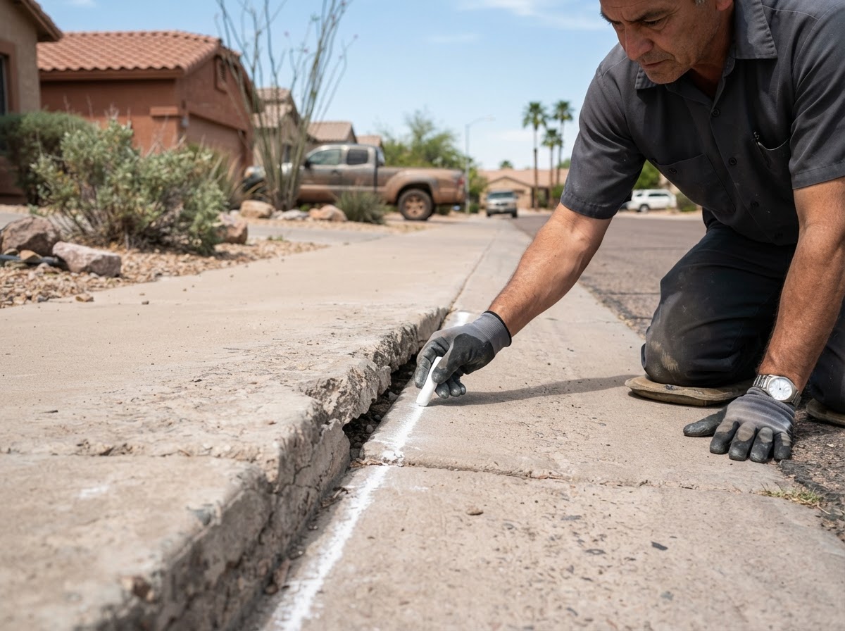 Close-up of a concrete trip hazard where one sidewalk slab is raised above another, marked with chalk