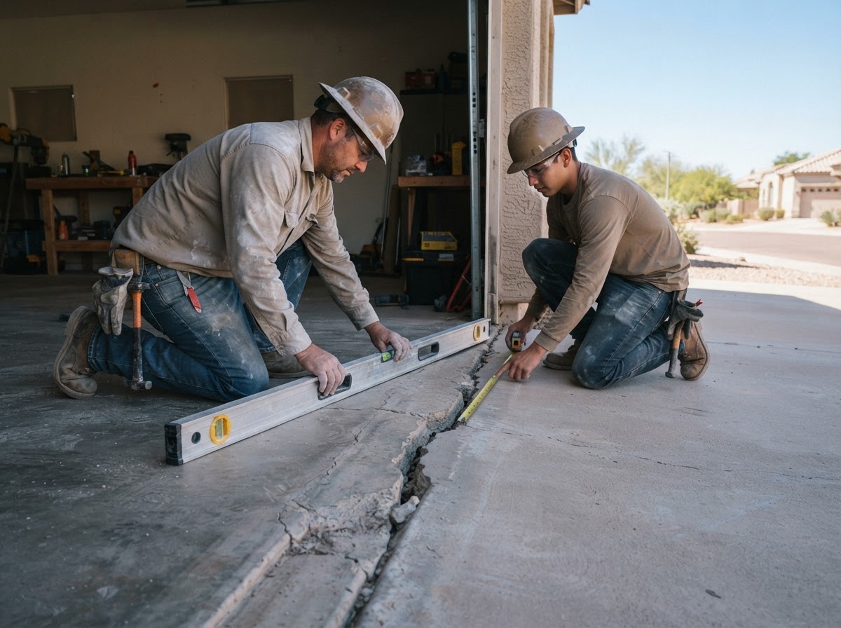 Workers measuring a settled garage floor slab transition near a garage door opening in an Arizona home