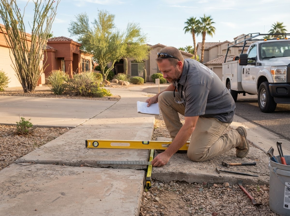 Concrete leveling contractor measuring the elevation difference at an uneven sidewalk panel transition in a Mesa, Arizona residential neighborhood