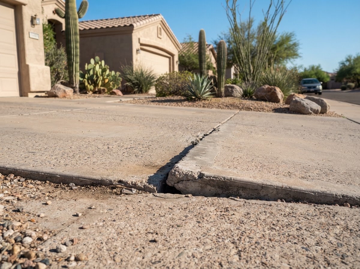 Sunken concrete driveway slab in an Arizona front yard with one panel settled below an adjacent panel