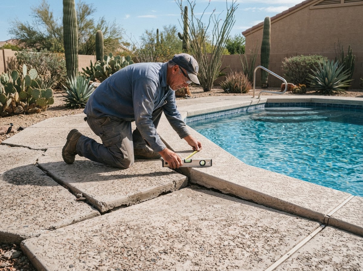 Uneven concrete pool deck surround in an Arizona backyard with settled slabs near the pool coping