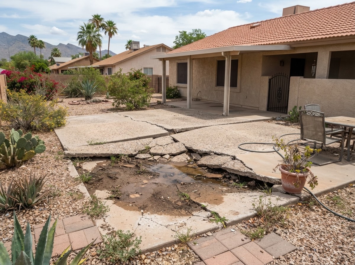 Settled concrete patio slab in a Guadalupe, Arizona residential yard showing uneven sections and changed surface drainage