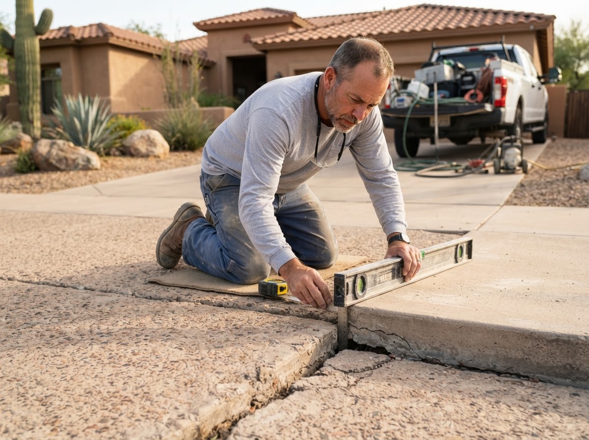 Concrete leveling contractor kneeling to inspect an uneven concrete slab with a level tool in an Arizona driveway