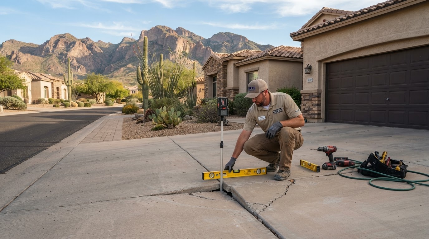 Concrete leveling contractor measuring elevation difference on a settled driveway slab at a master-planned Ahwatukee Foothills home in Phoenix, Arizona