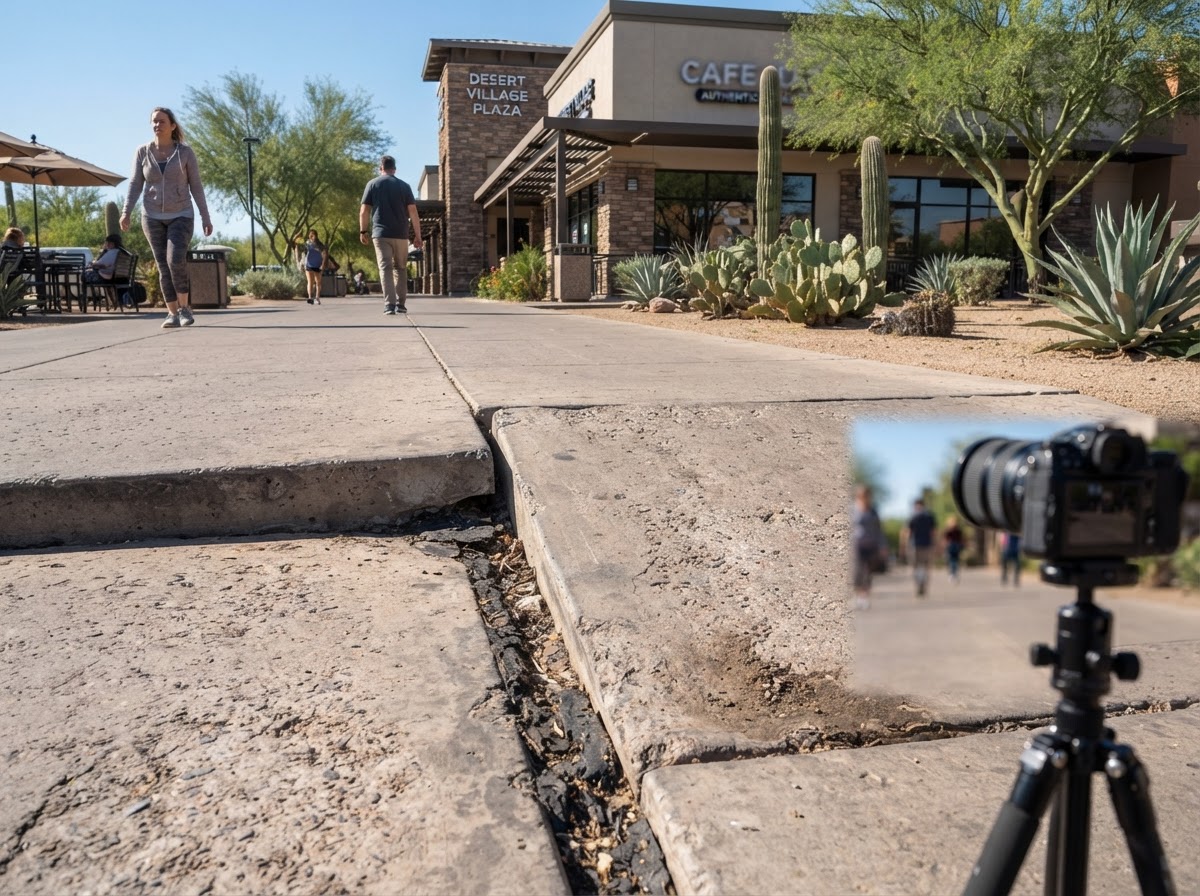Uneven commercial concrete walkway slab transition at an Arizona commercial property creating a trip hazard