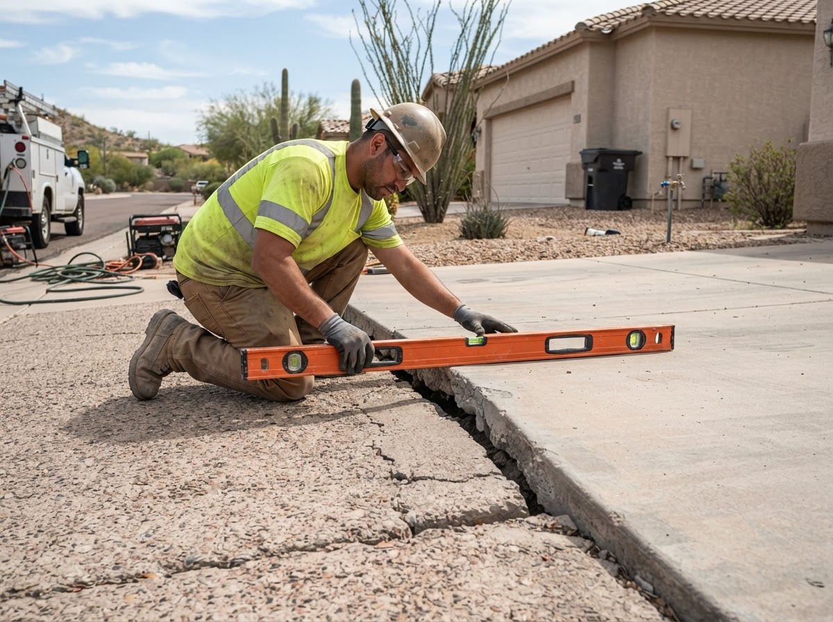 Worker checking slab elevation with a level on a settled residential driveway in Arizona before polyurethane lifting